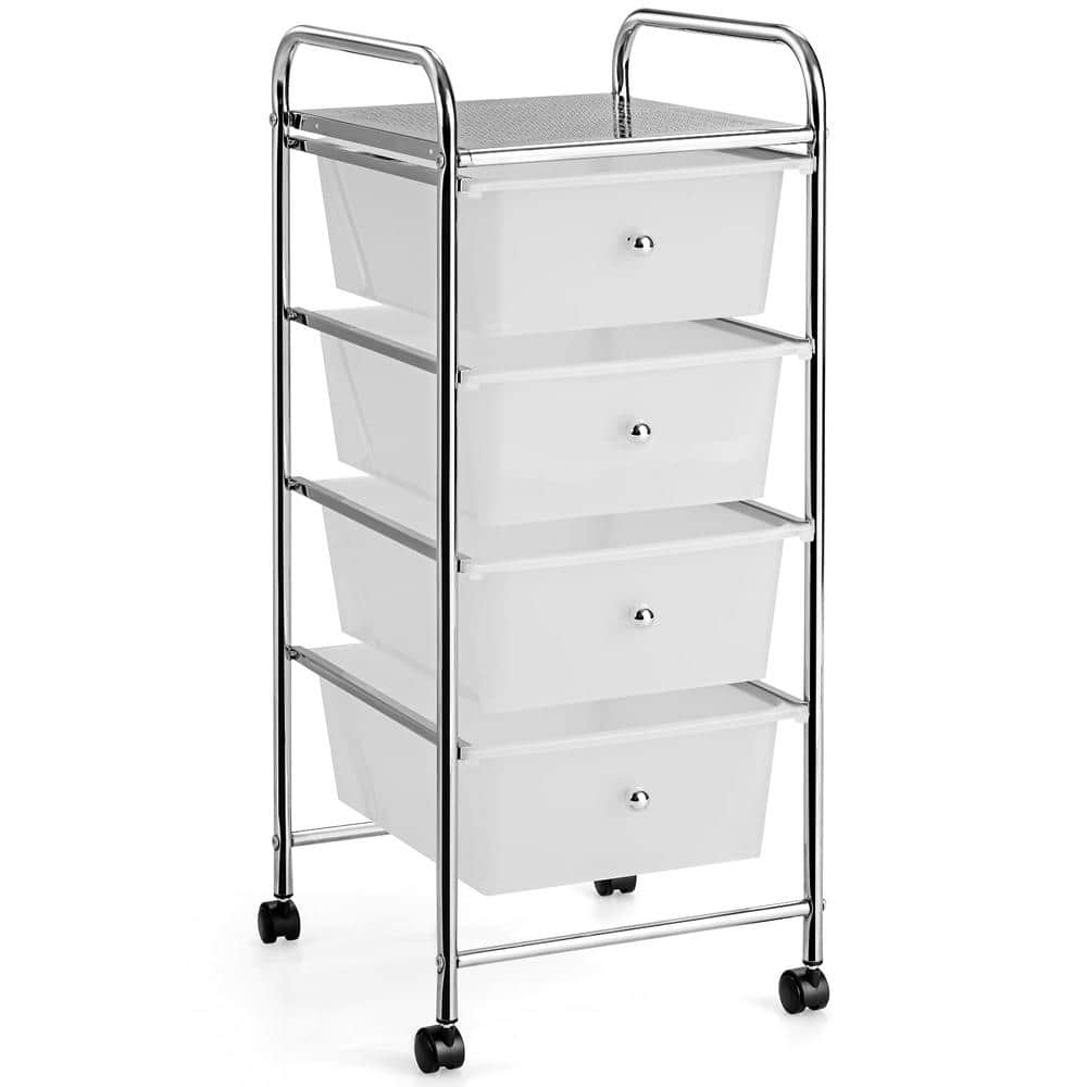 4-Tier White Rolling Steel Storage Kitchen Cart with Plastic Drawers - Hercitys