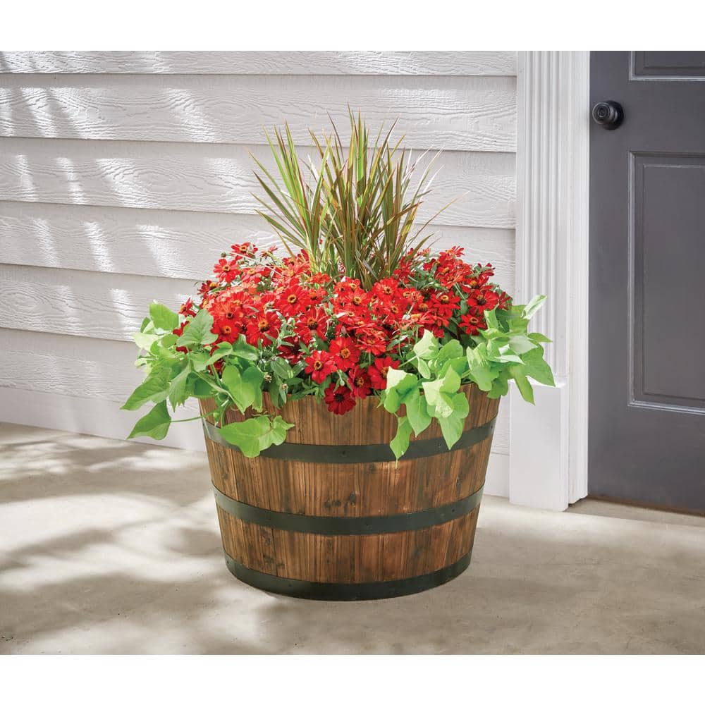 26 in. Jackson Extra Large Brown Wood Barrel Planter (26 in. D x 16.5 in. H) with Drainage Hole - Hercitys