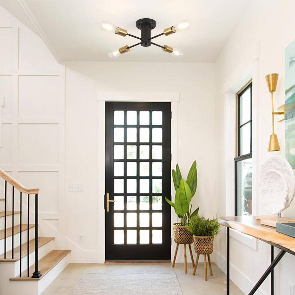17.5 in. 4-Light Black/Gold Sputnik Semi- Flush Mount For Foyer Bedroom with No Bulbs Included - Hercitys
