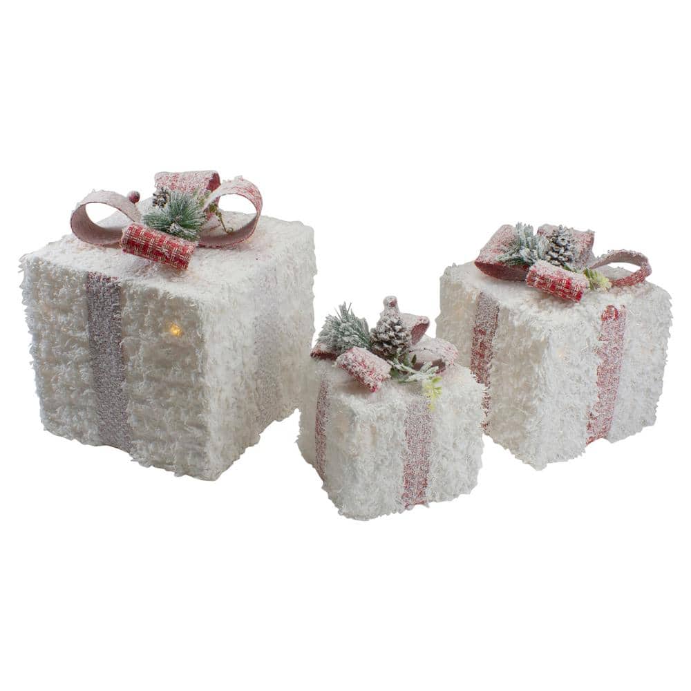 10 in. Frosted Rattan Christmas Gift Boxes With Pinec1s Set Of 3 LED - Hercitys