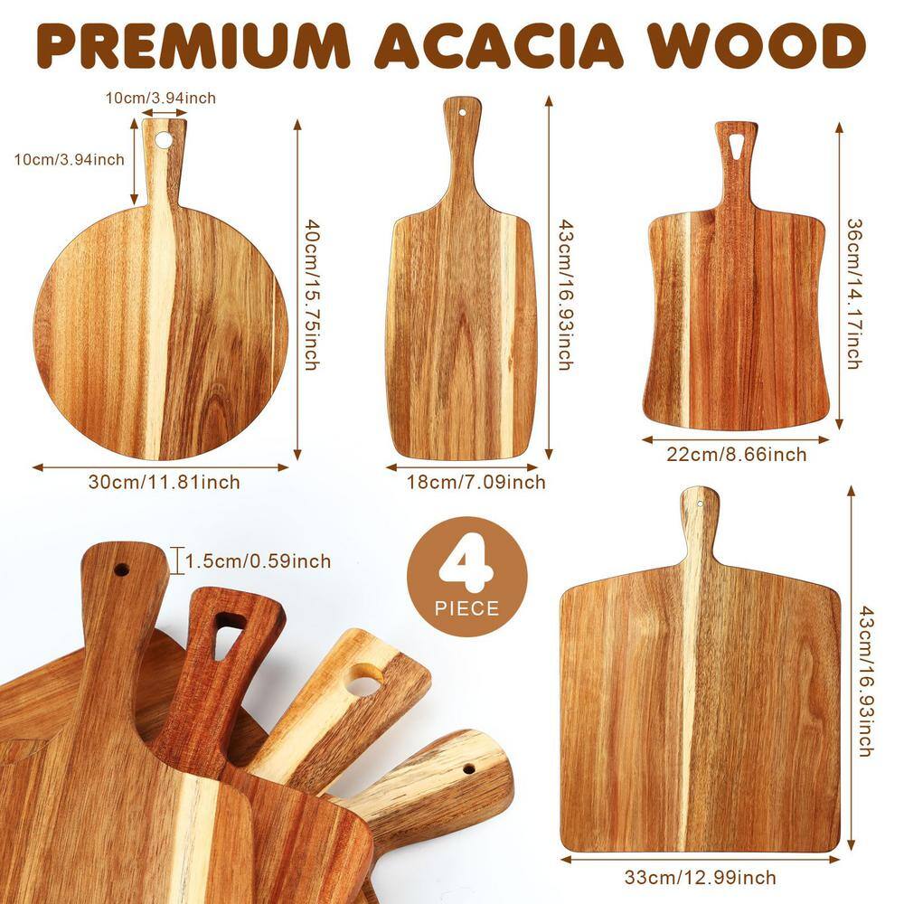 4-Piece Set Thick Acacia Wood Cutting Boards with Handles Large Charcuterie Boards, Butcher Block Serving Tray - Hercitys