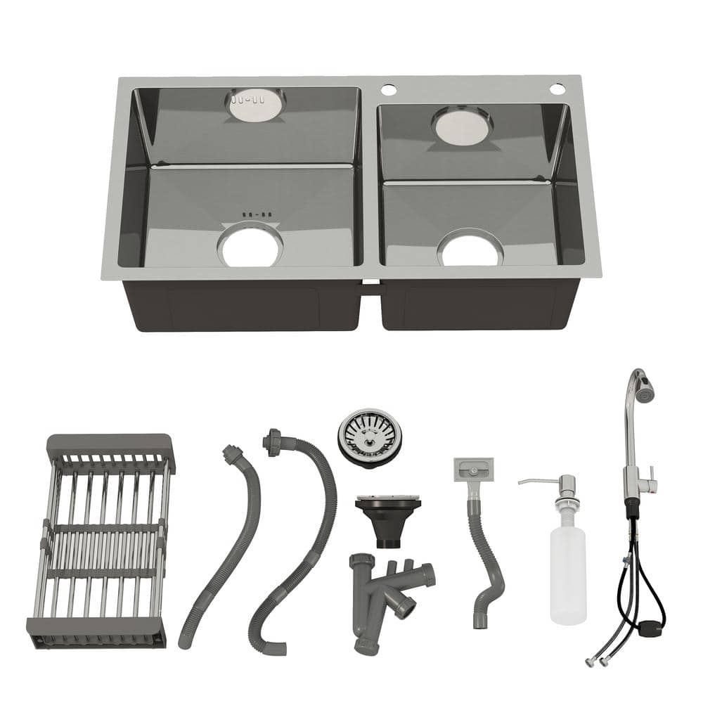 30 in. Drop-In/Undermount Double Bowl Stainless Steel Kitchen Sink with Faucet - Hercitys