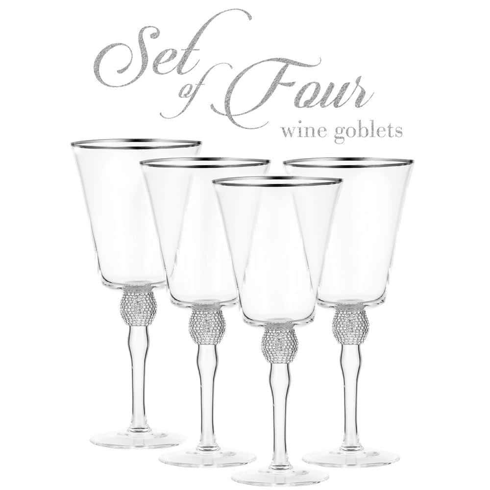 (Set of 4) Wine Glass 14.7 oz. with Rhinestone Design and Silver Rim - Hercitys