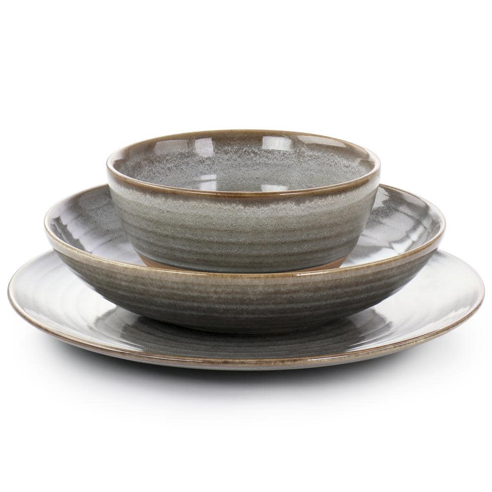 (12 Piece) Dreamweaver Round Earthenware Dinnerware Set in Gray - Hercitys