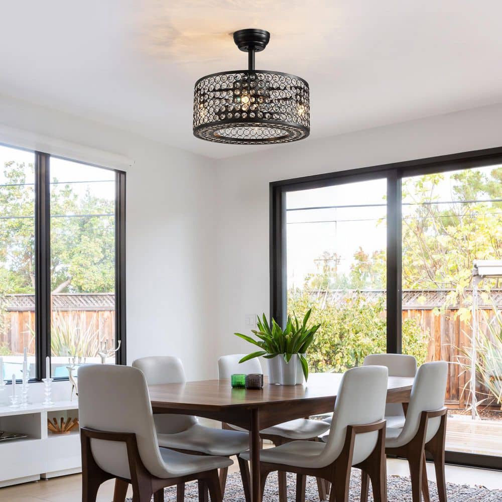 17 in. Black Ceiling Fan Caged Ceiling Fan Indoor with Lights and Remote Enclosed Ceiling Fan Crystal Fandelier - Hercitys