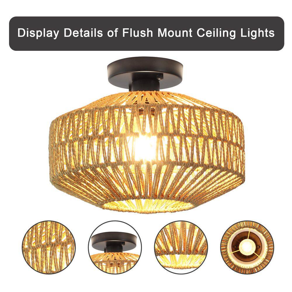 11.81 in. 3-Light Black Brown Farmhouse Semi-Flush Mount Light with Hemp Ropes Shade and No Bulbs Included - Hercitys