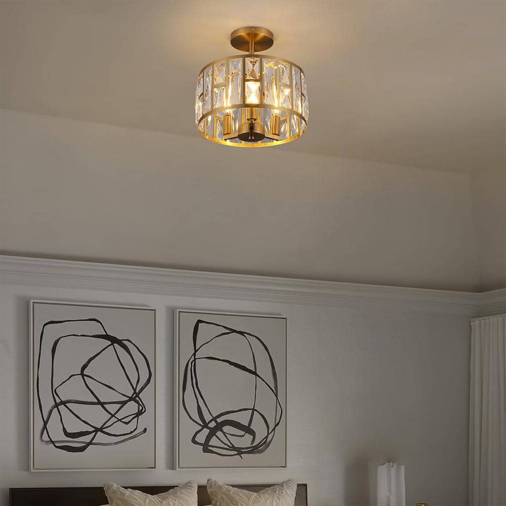 12 in. 3-Light Round Modern Gold Drum Semi Flush Mount Ceiling Light with Clear Crystal Glass - Hercitys