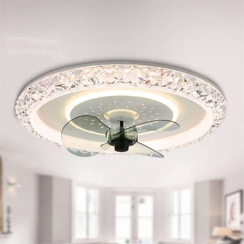 20 in. LED Indoor White Glam Crystal Low Profile Ceiling Fan with Light, 6- Speed Flush Mount Ceiling Fan with Remote - Hercitys