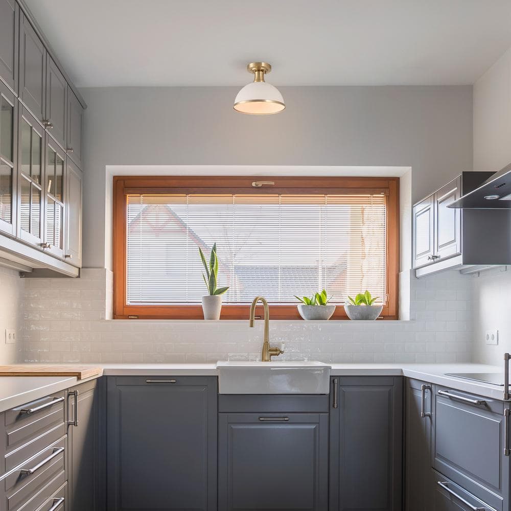 10 in. 1-Light Matte White Semi-Flush Mount Ceiling Light with Matte Brass Accents - Hercitys