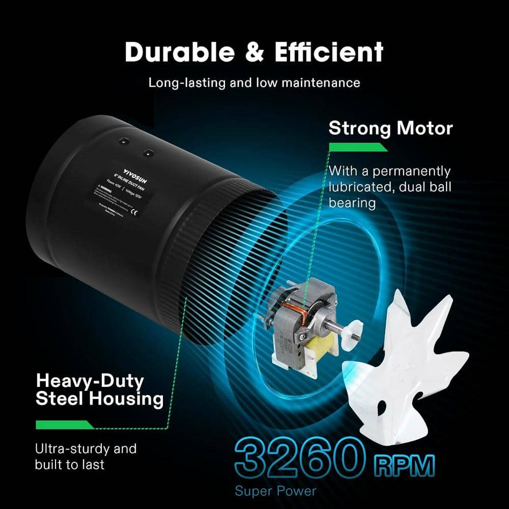 240 CFM 6 in. Inline Booster Duct Fan with Low Noise in Black - Hercitys