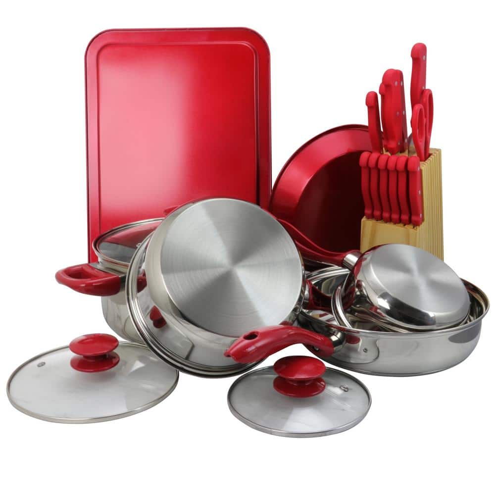 22-Piece Cookware Combo Set in Red - Hercitys