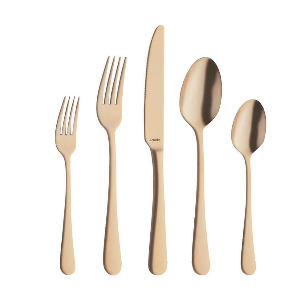 “Austin” Stainless Steel 18/0 Flatware Set, Matte Gold, 20-Pieces. - Hercitys