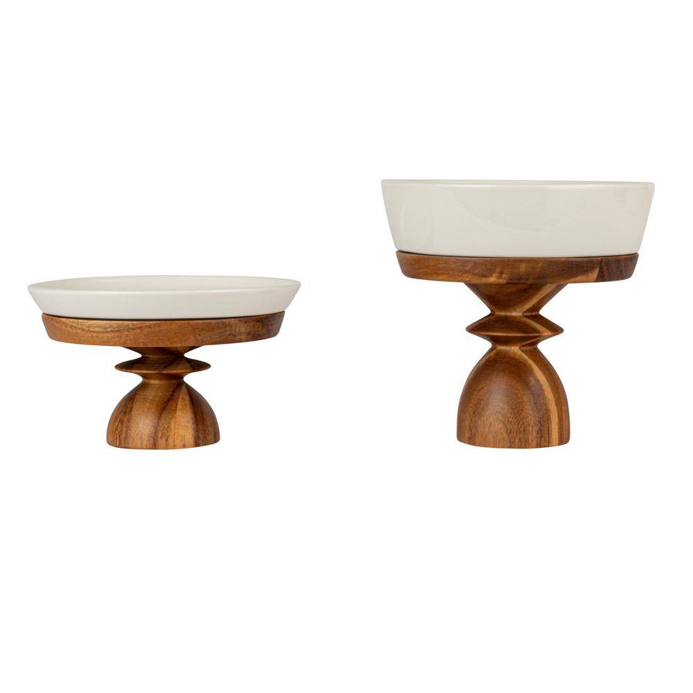 1-Tier White and Brown Round Acacia Wood-Enhanced Stoneware Cake Stand (Set of 2) - Hercitys