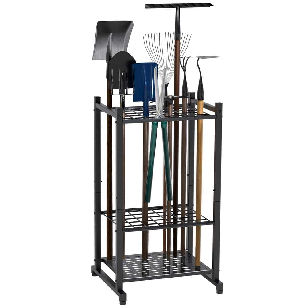 3-Tier Garden Tool Organizer for Garage Organization and Storage, Steel Frame Up to 35 Long-Handled Tools/Rakes/Brooms - Hercitys