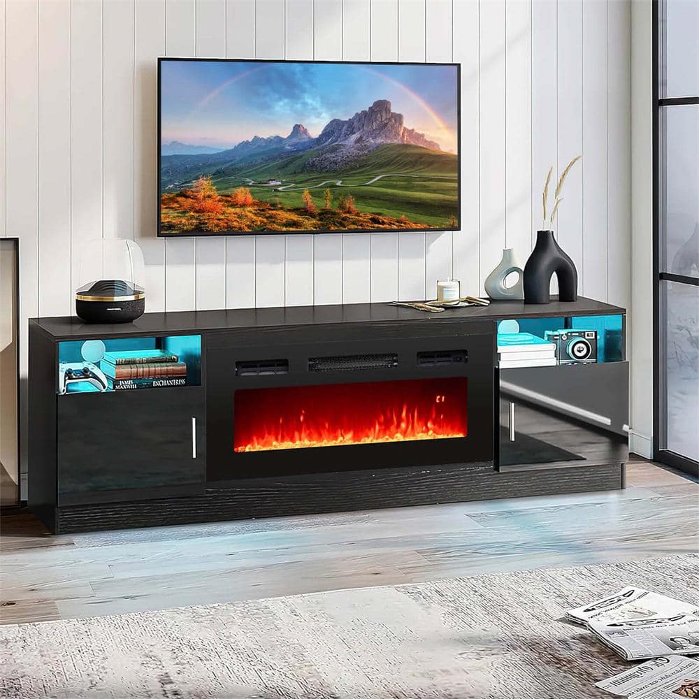 36 in. Black Wall-Mount 5,000 BTU Electric Fireplace with LED Light Strips Remote Crystal Stones - Hercitys
