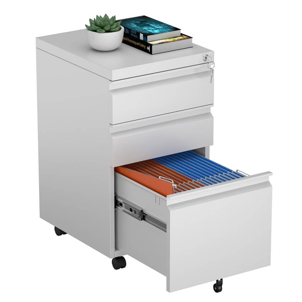14.5 in. W x 24 in. H x 17 in. D Steel Mobile File Cabinet with 3-Drawer,Rolling Storage Freestanding Cabinet in White - Hercitys