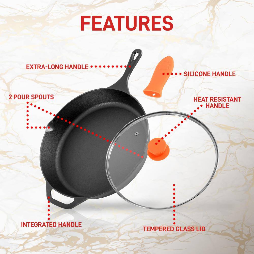 10 in. Pre-Seasoned Cast Iron Frying Pan with Glass Lid and Silicone Handle - Hercitys