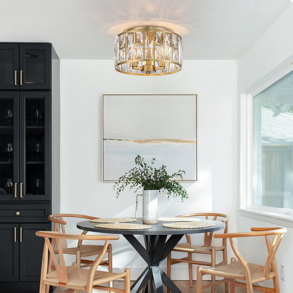 12 in. 3-Light Round Modern Gold Drum Flush Mount Ceiling Light with Clear Crystal Shade - Hercitys