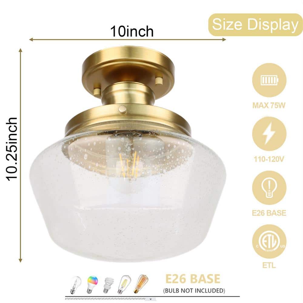 10 in. 1-Light Gold Semi Flush Mount Farmhouse Ceiling Light Fixture with Seeded Glass Shade E26 Bulb Base Ceiling Light - Hercitys