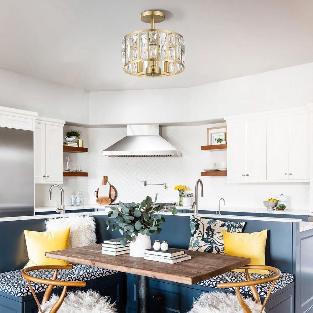 12 in. 3-Light Round Modern Gold Drum Semi Flush Mount Ceiling Light with Clear Crystal Glass - Hercitys