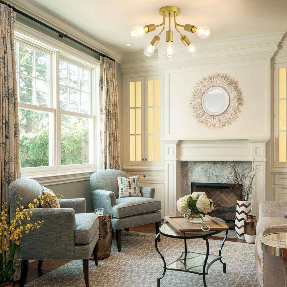 14.76 in. 5-Light Gold Modern Sputnik Linear Semi-Flush Mount Ceiling Light Chandeliers for Bedrooms - Hercitys