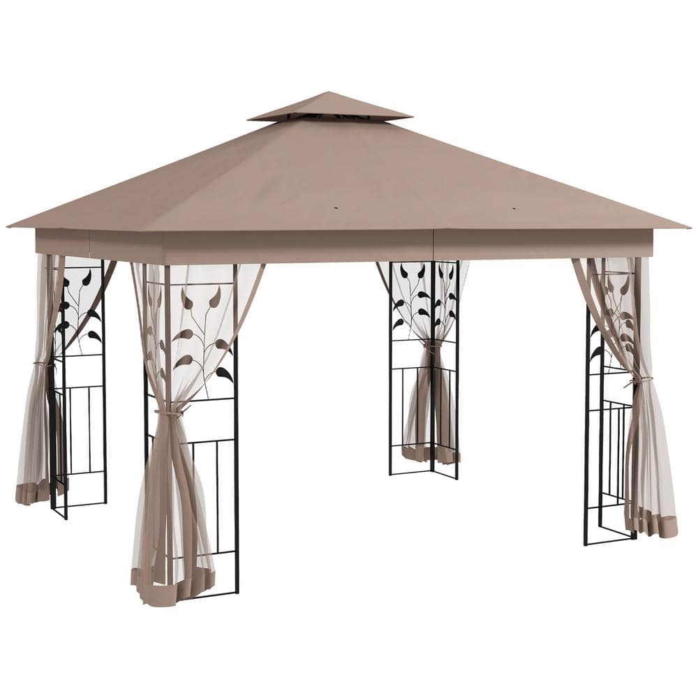 10 ft. x 11 ft. Metal Brown Patio Gazebo Double Roof Outdoor Gazebo Canopy Shelter - Hercitys