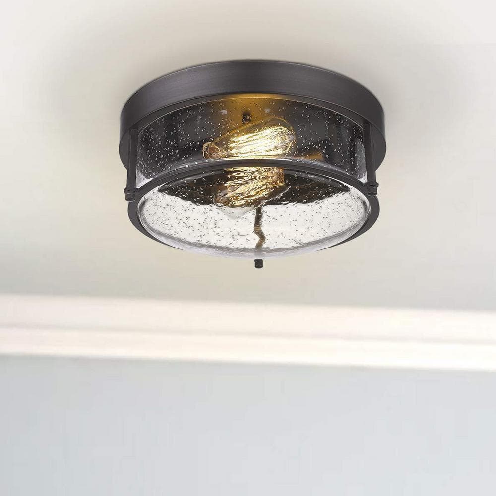 12 in. 2-Light Oil Rubbed Bronze Finish With Seeded Glass Shade Ceiling Flush Mount Light Fixture - Hercitys
