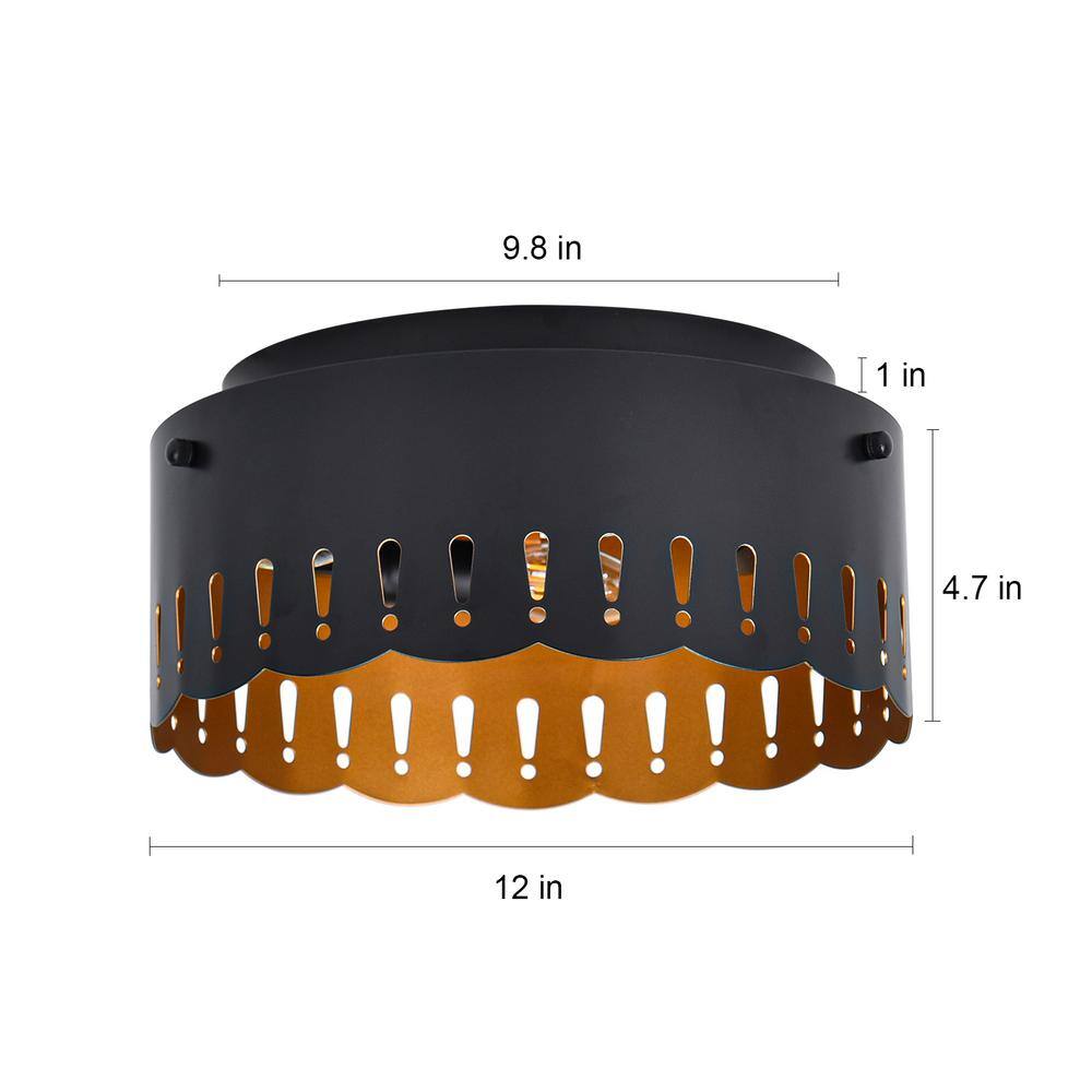 12 in. 3-Light Matte Black Industrial Drum Flush Mount Ceiling Light with Brass Inside Finish and Wavy Brim Fixture - Hercitys