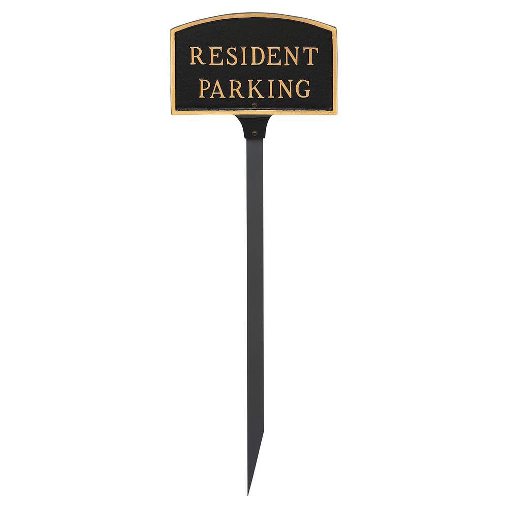5.5 in. x 9 in. Small Arch Resident Parking Statement Plaque Sign with 23 in. Lawn Stake – Black/Gold - Hercitys