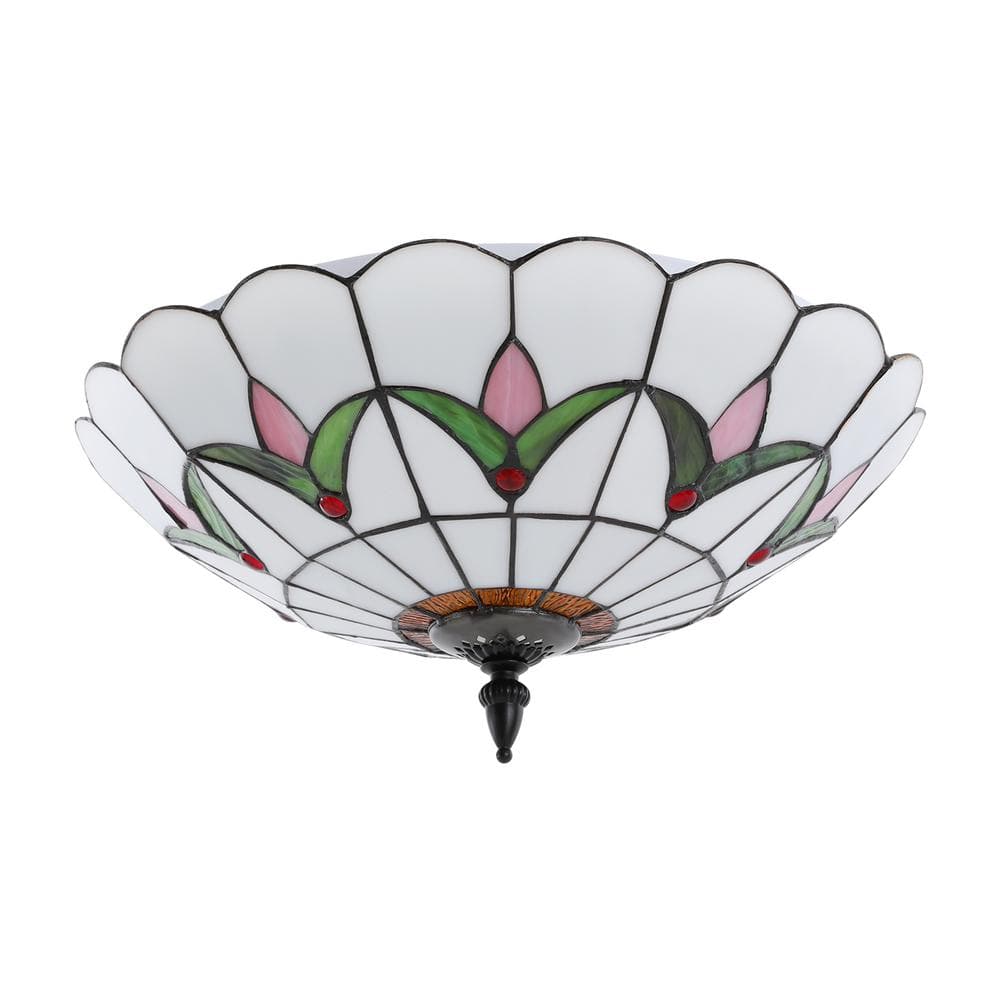 16 in. 3-Light White Retro Flush Mount Ceiling Light with Multicolored Glass Shade for Living Room, No Bulbs Included - Hercitys