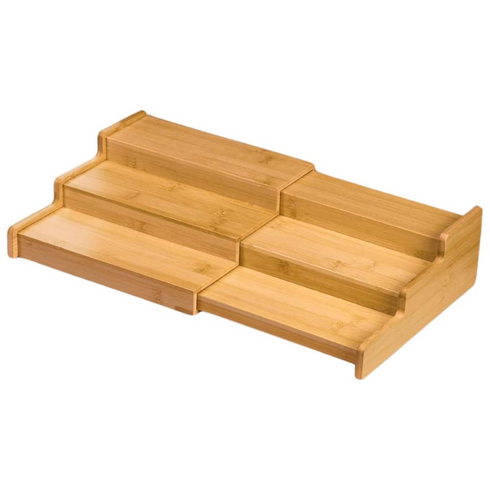 3 Tier Expandable Bamboo Spice Rack Organizer for Kitchen Cabinet Cupboard Pantry with Stepped Design & Adjustable Width - Hercitys