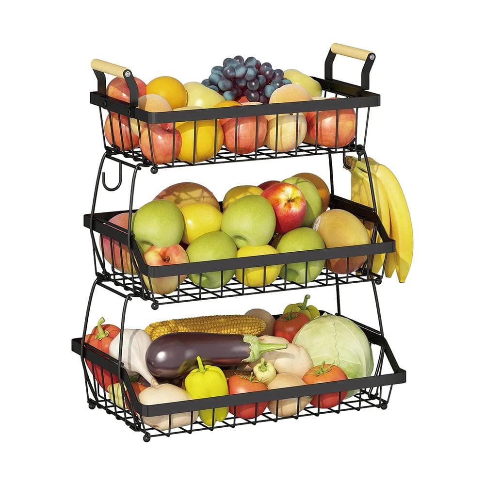1-Piece 3-Tier Fruit Basket Bowl in Black with Side Hooks, Detachable Basket and Wooden Handle for Kitchen Countertop - Hercitys
