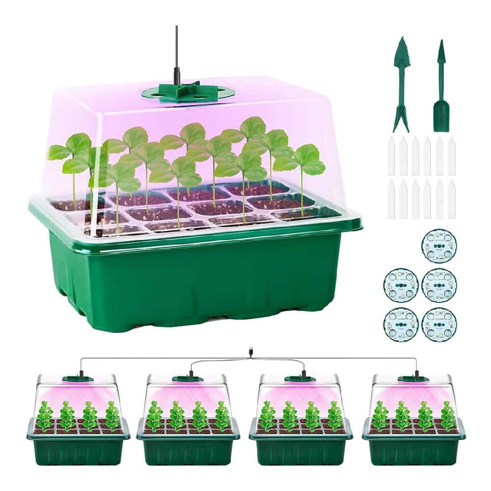5-Pack Indoor Seed Starter Trays with Grow Lights and Humidity Dome, 5-Level Brightness and 4 Timer Settings, Green - Hercitys