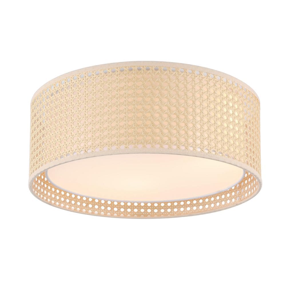 19.7 in. Modern 5-Light Khaki Flush Mount Ceiling Light Fixture with Rattan and Fabric Double Drum Shade - Hercitys