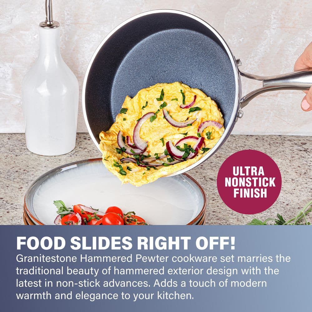 10-Piece Aluminum Hammered Ultra-Durable Non-Stick Diamond Infused Cookware Set in Pewter - Hercitys