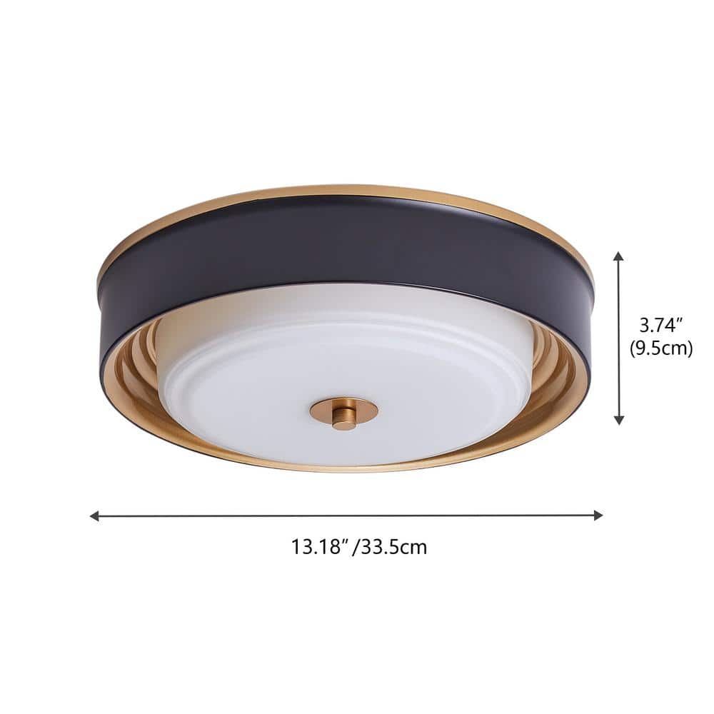 13.2 in. 2-Light Black Flush Mount Ceiling Light with Drum White Glass Shade - Hercitys