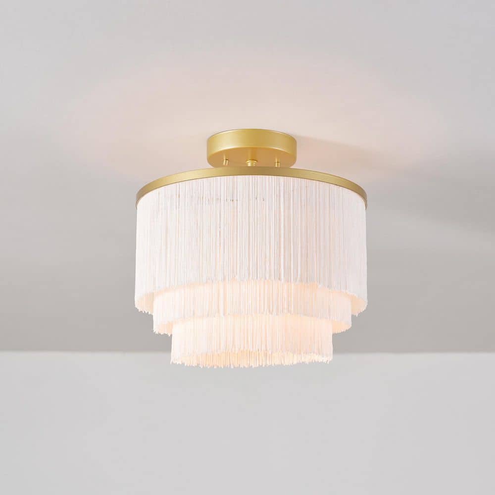 12 in. 1-Light Matte Gold Semi-Flush Mount Ceiling Light with White Fabric Fringe Shade - Hercitys