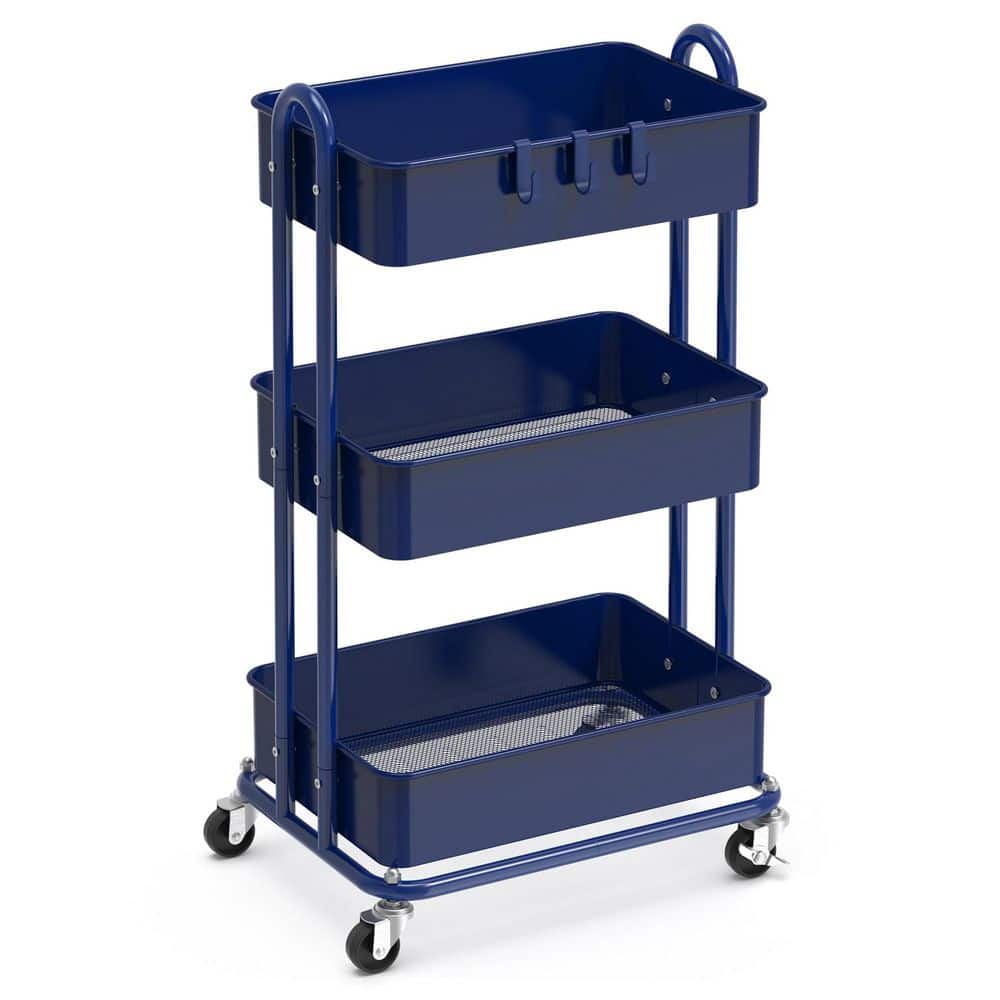 3-Tier Metal -Wheeled Utility Cart in Navy - Hercitys