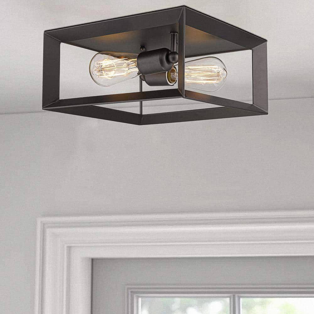 2-Light Black Farmhouse Caged Square Flush Mount Industrial Vintage Ceiling Lighting - Hercitys