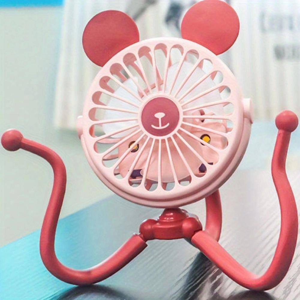 3.78 in. 3-Fan Speeds Personal Fan Octopus Shaped Baby Stroller USB Fan with Clip and Flexible Tripod Wrapped, Pink - Hercitys