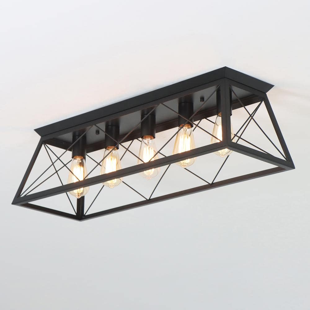 31.5 in. 5-Lights Black Farmhouse Rectangle Flush Mount Ceiling Light for Living Room Kitchen Island - Hercitys