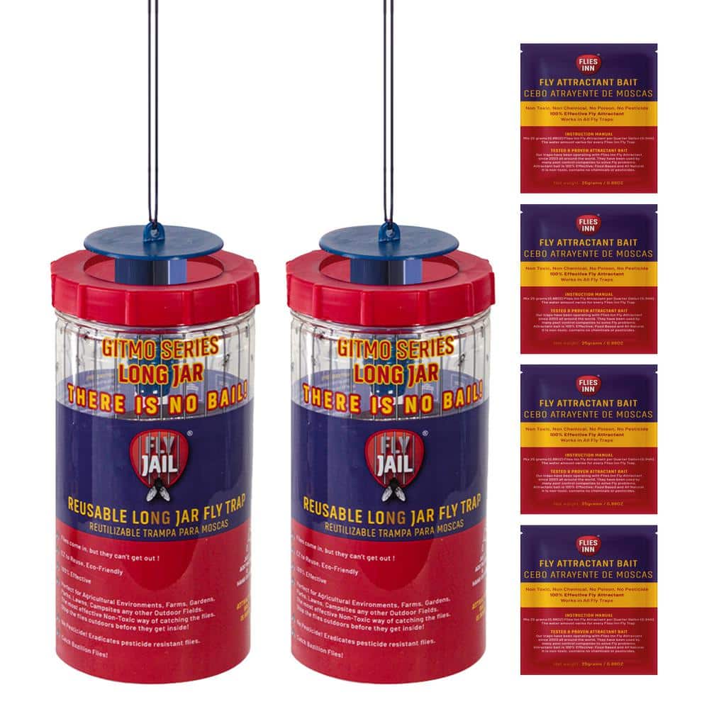 2 Gitmo Series Long Jar Outdoor Fly Trap with 4 Flies Inn Attractant Baits, Reusable, Effective Fly Catcher - Hercitys