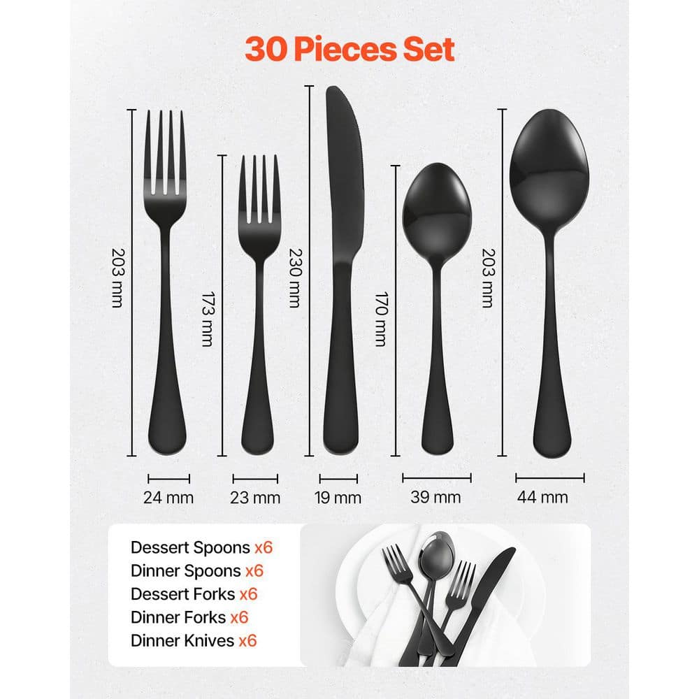 30-Piece Black Silverware Set, Food-Grade Stainless Steel Flatware Utensils for 6, Finished, Include Knife Fork Spoon - Hercitys