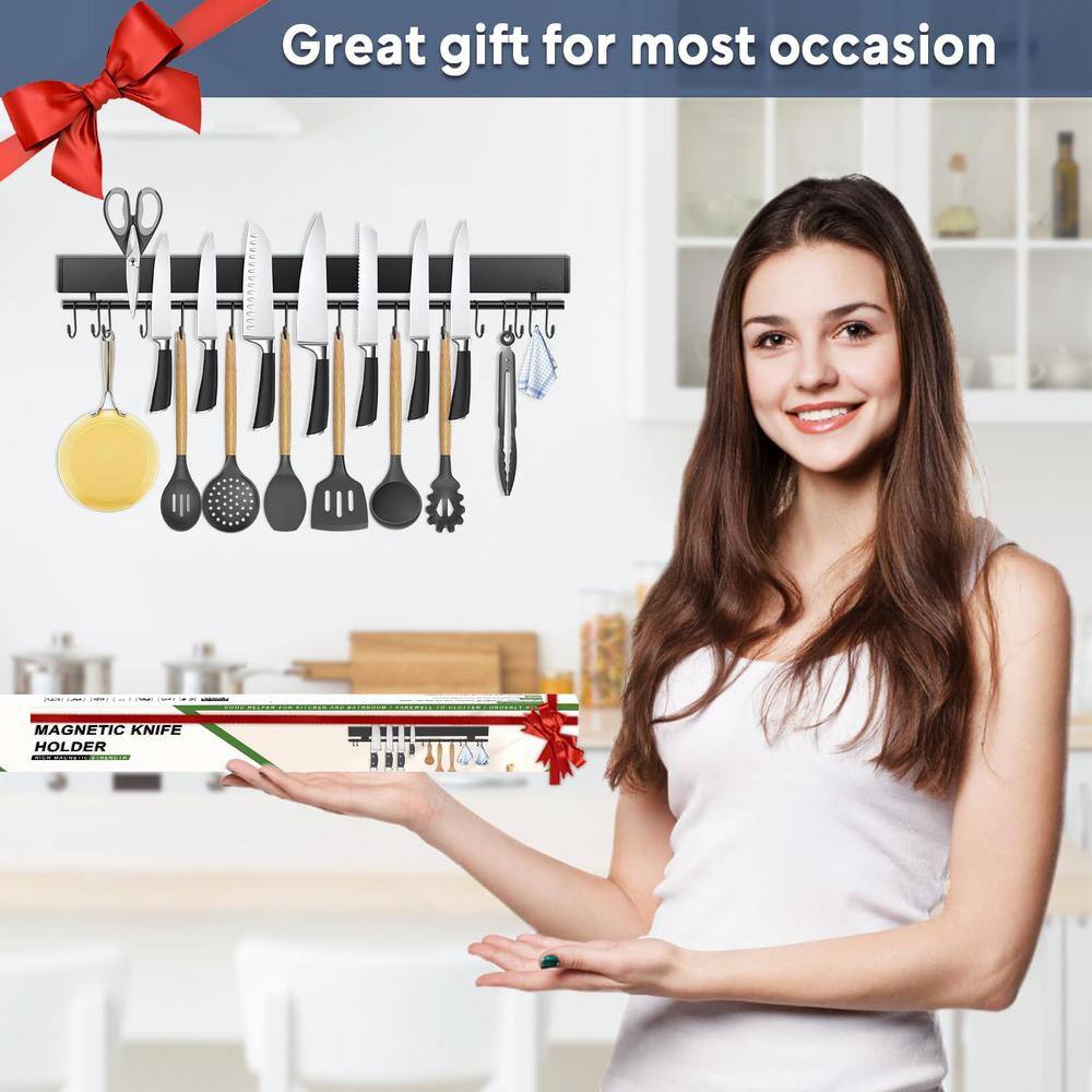 12-Knife 23 in. Stainless Steel Magnetic Knife Holder with 15 Hooks, Black Knife Magnetic Strip, Magnetic Knife Bar - Hercitys