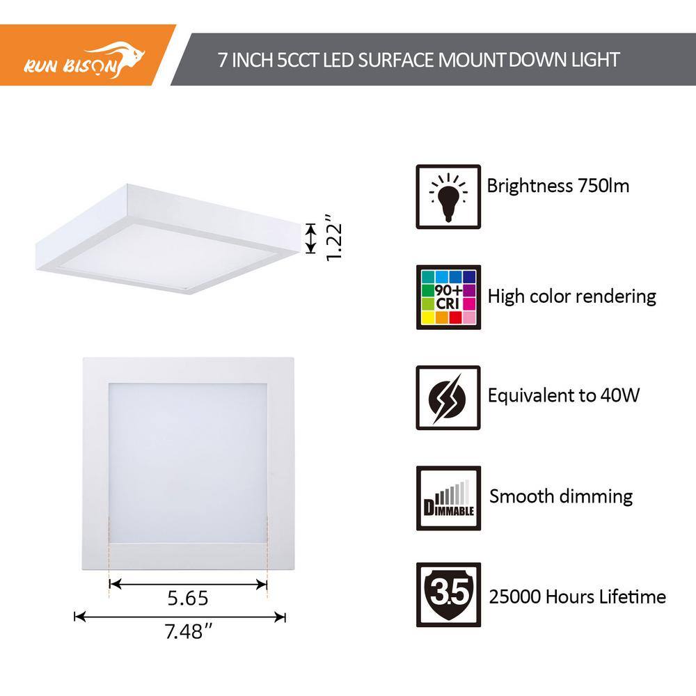 2-Pack 7 in. Square Color Selectable LED Integrated LED Flush Mount Downlight, White - Hercitys