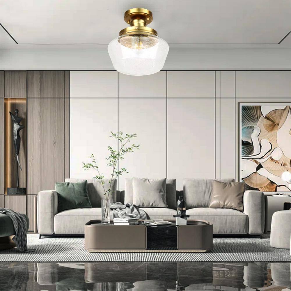 10 in. 1-Light Gold Semi Flush Mount Farmhouse Ceiling Light Fixture with Seeded Glass Shade E26 Bulb Base Ceiling Light - Hercitys