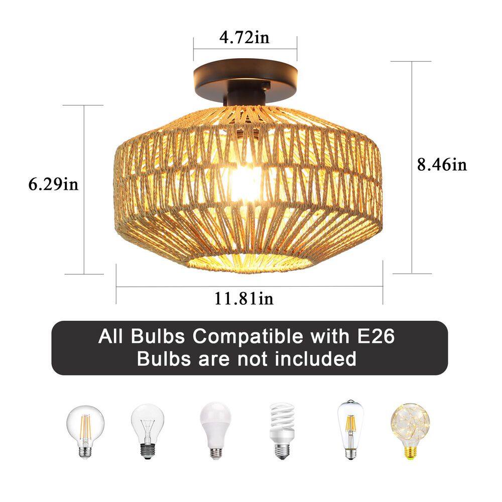 11.81 in. 3-Light Black Brown Farmhouse Semi-Flush Mount Light with Hemp Ropes Shade and No Bulbs Included - Hercitys