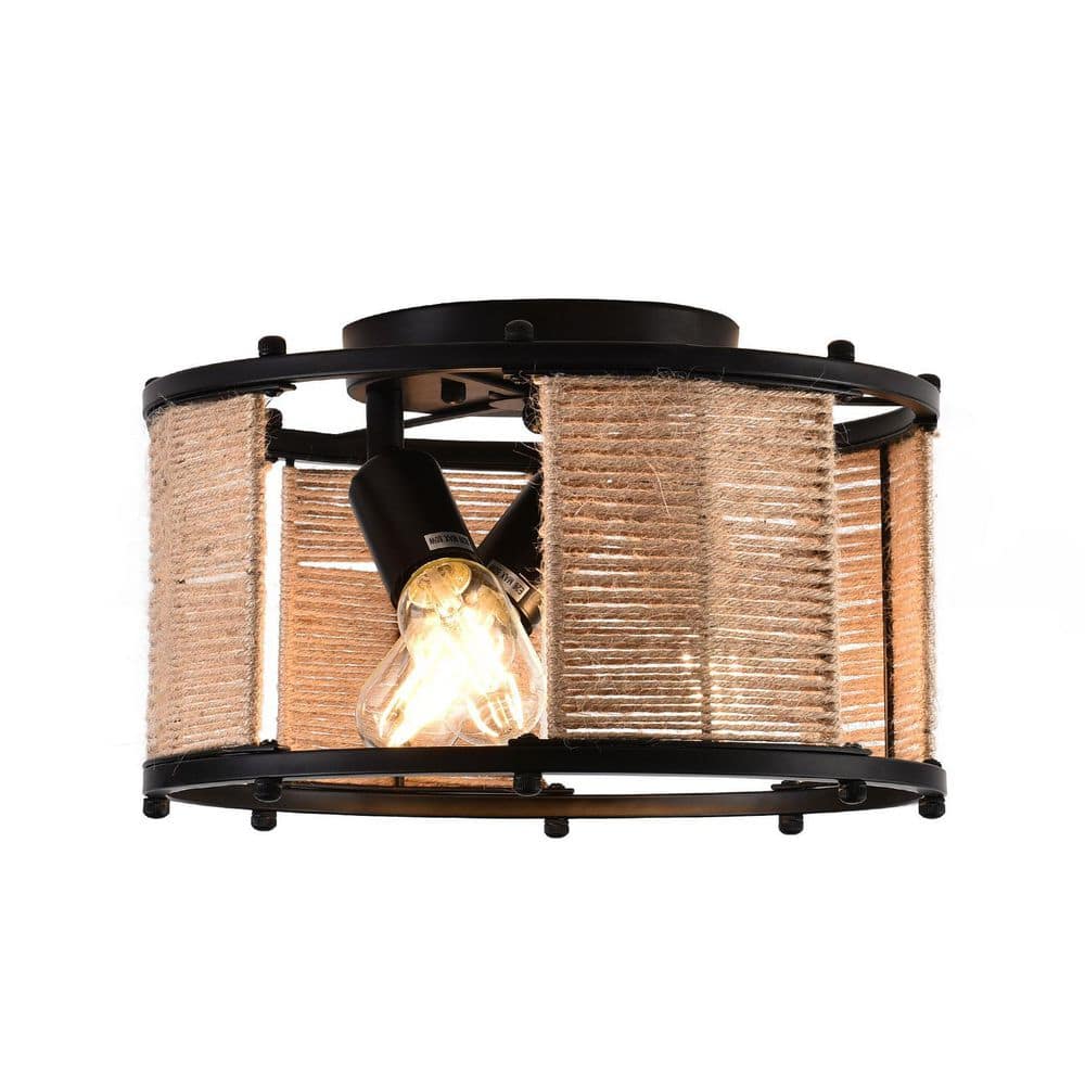 12.6 in. 3-Light Black Flush Mount Celling Light Caged Retro Farmhouse Style with Handmade Woven Rattan Shade - Hercitys