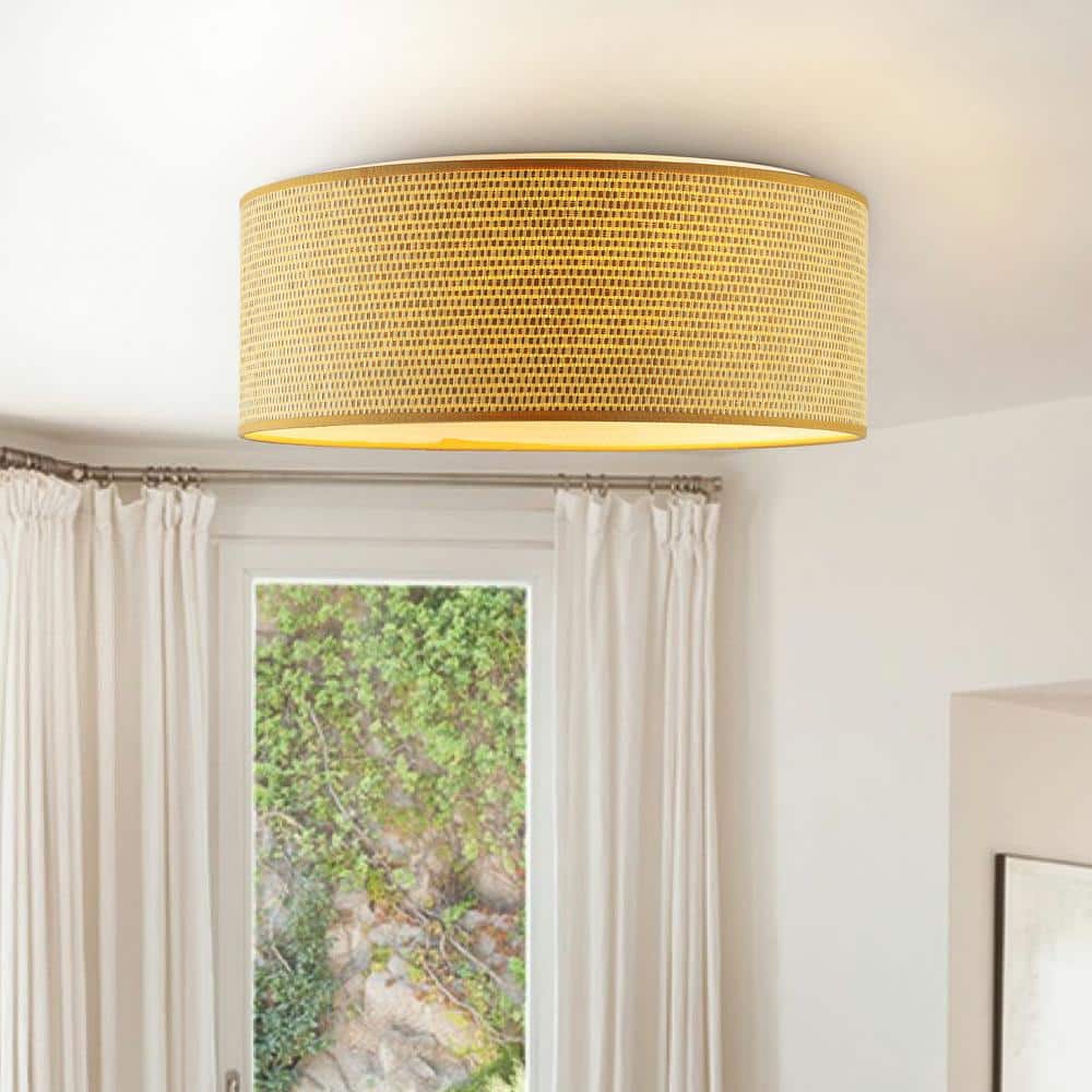 15.7 in. 3-Light Flaxen Shaded Drum Flush Mount, Flaxen Grass cloth Finish - Hercitys