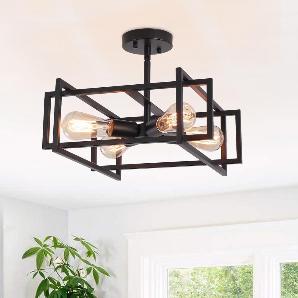 15 in. 4-Light Black Semi-Flush Mount Light with Rustic Accent Square Cage for Living Room - Hercitys